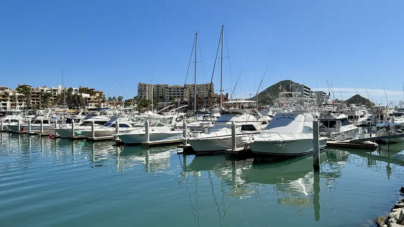 Hileras de barcos amarrados en los muelles de la Marina Cabo San Lucas en un día soleado