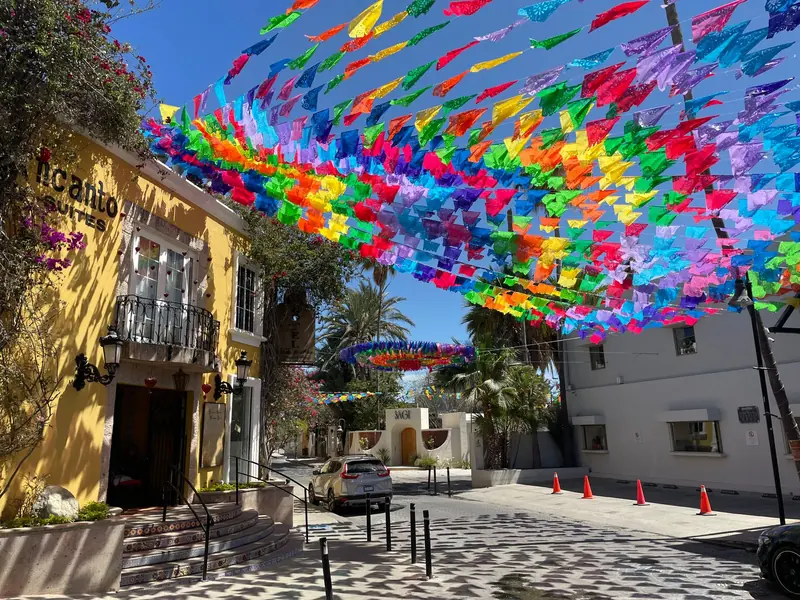 Colorful paper flags hanging over a cobbled street lined with painted buildings in San José del Cabo