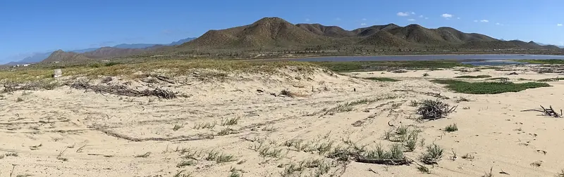 Wide view of Playa Cerritos with pale sand, Pacific waves and one person walking the shoreline