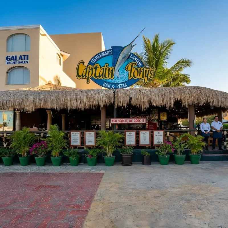 Captain Tony's palapa on the Cabo San Lucas marina walk, with potted plants and menus at the entrance