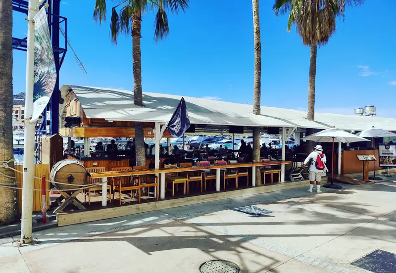 Open-air terrace of Fisherman's Landing in Cabo San Lucas, with white canopies, palm trees and flags by the marina