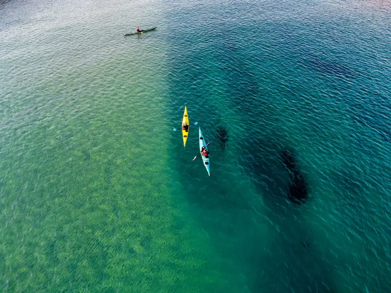 Dos kayaks vistos desde arriba sobre agua clara y turquesa
