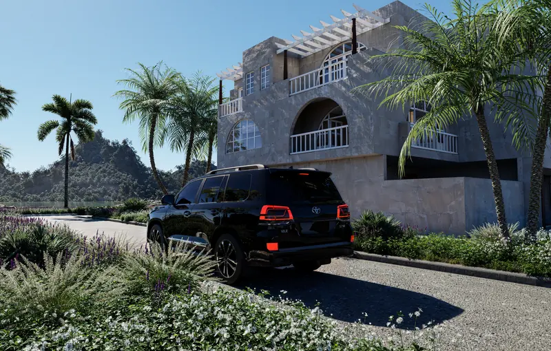 SUV negra entre palmeras en un día de sol, lista para recogerte en el hotel
