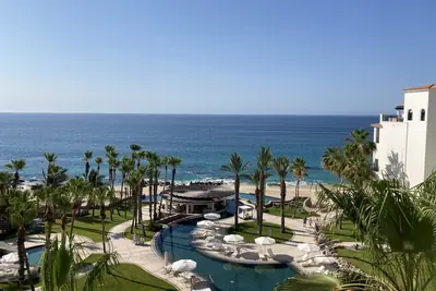 View of the resort grounds and beach from the Hilton Los Cabos