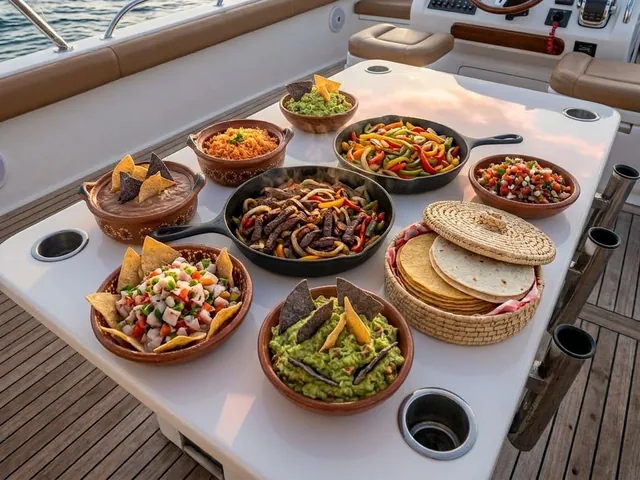 Festín mexicano servido en la mesa de cubierta de un yate