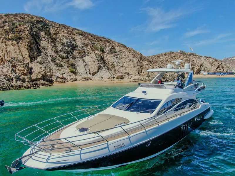 Aerial view of the Azimut 70 near the beach at Land's End, one of the first stops on any route from the marina