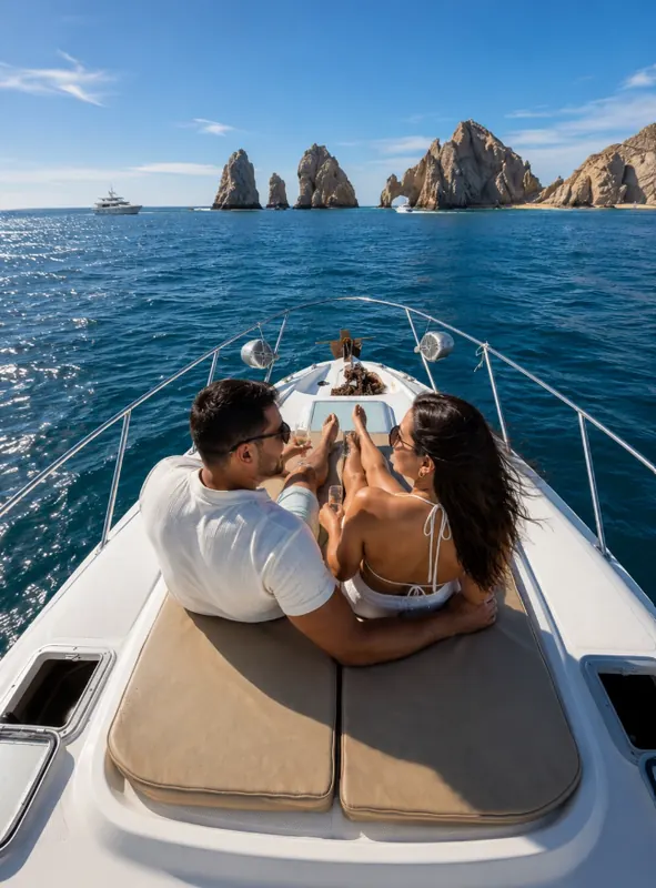 Pareja recostada en el asoleadero de proa del Bayliner 33 frente al Arco