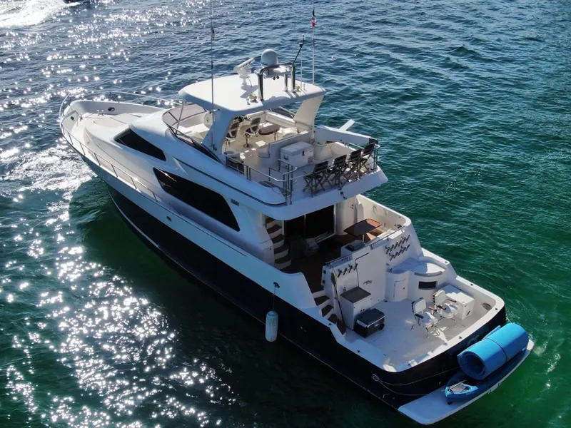 The McKinna 70 seen from above with its aft deck and shaded flybridge seating