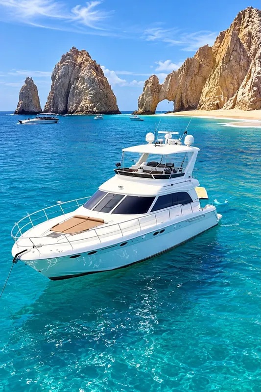 Sea Ray 55 fondeado frente a Playa del Amor, con el Arco y Land's End detrás